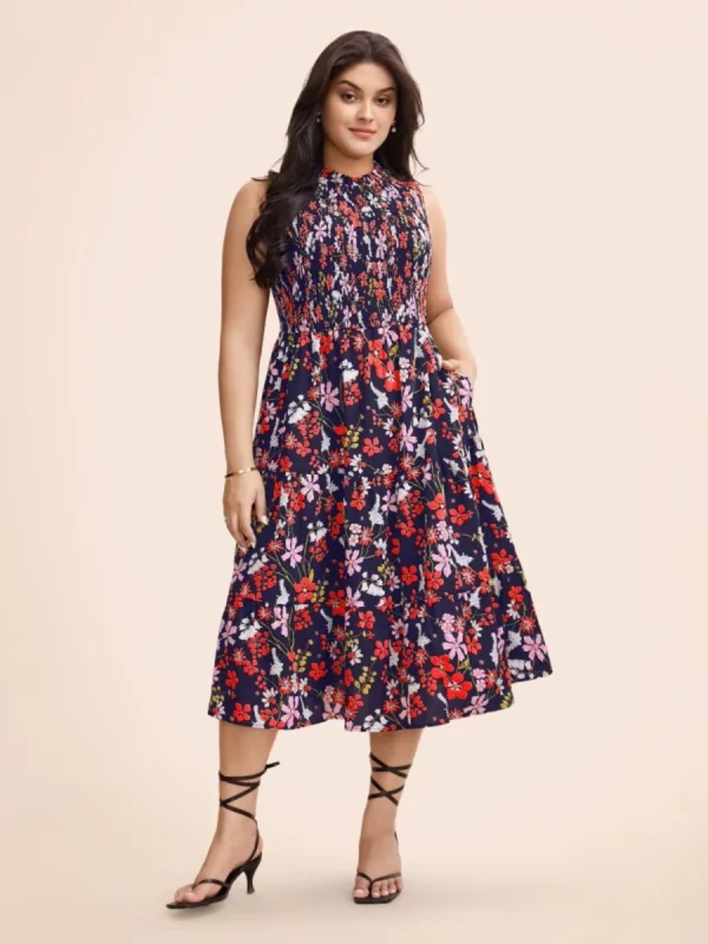 BloomChic Dark Navy Midi Dress with Pink, Red & Yellow Floral Print
